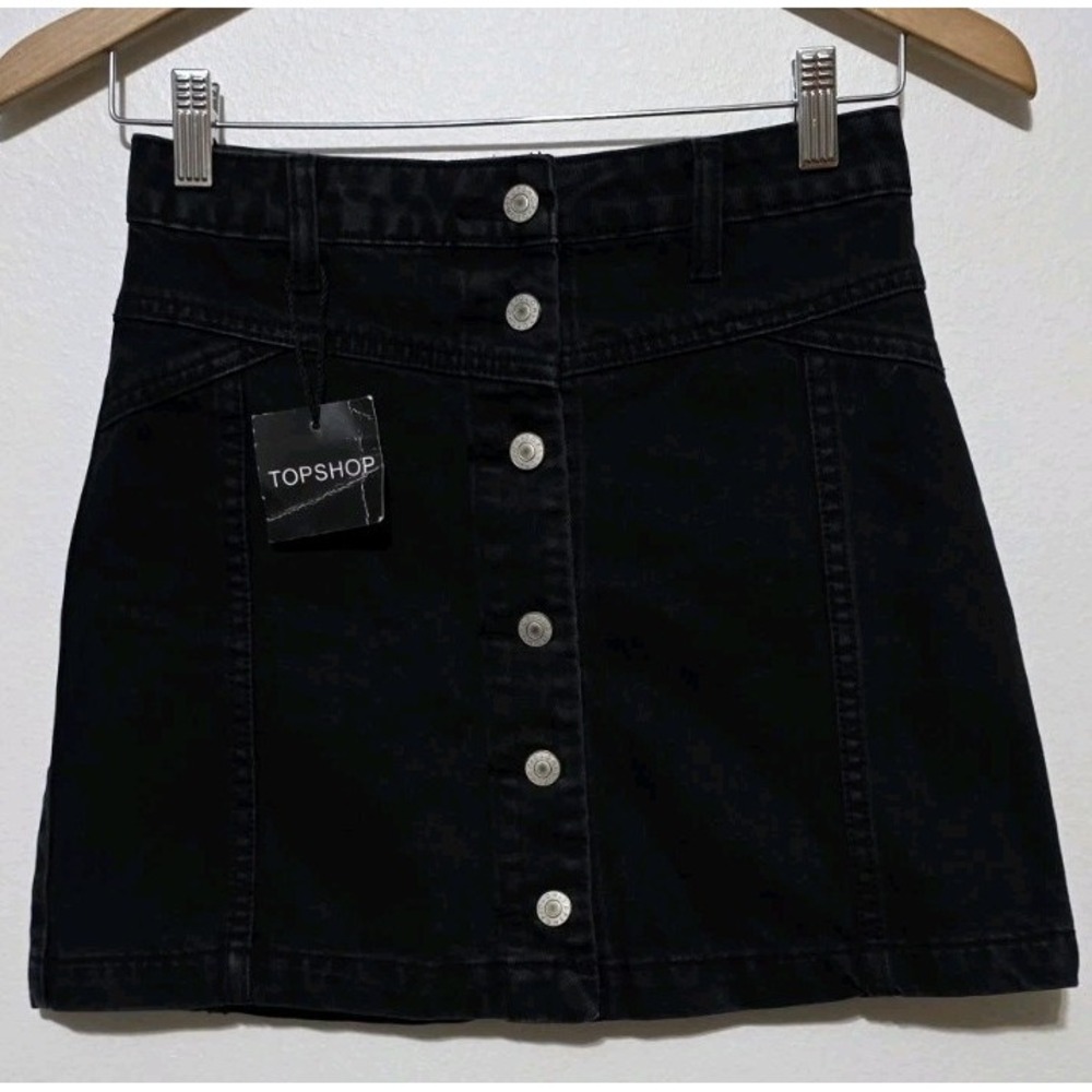 NWT TOPSHOP Moto Grunge Whimsigoth Denim Button Front Mini Skirt Sz 2 Black